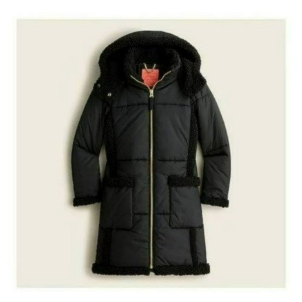 NWOT. J. Crew Black Hooded Puffer Coat